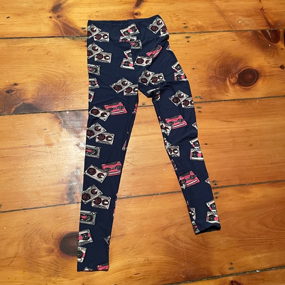 LuLaRoe Navy Leggings with Cassette Tape Print
